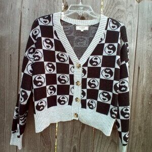 NO COMMENT CARDIGAN WOMENS SZ L BLACK GRAY YIN YAN PRINT V NECK BUTTON STRETCH